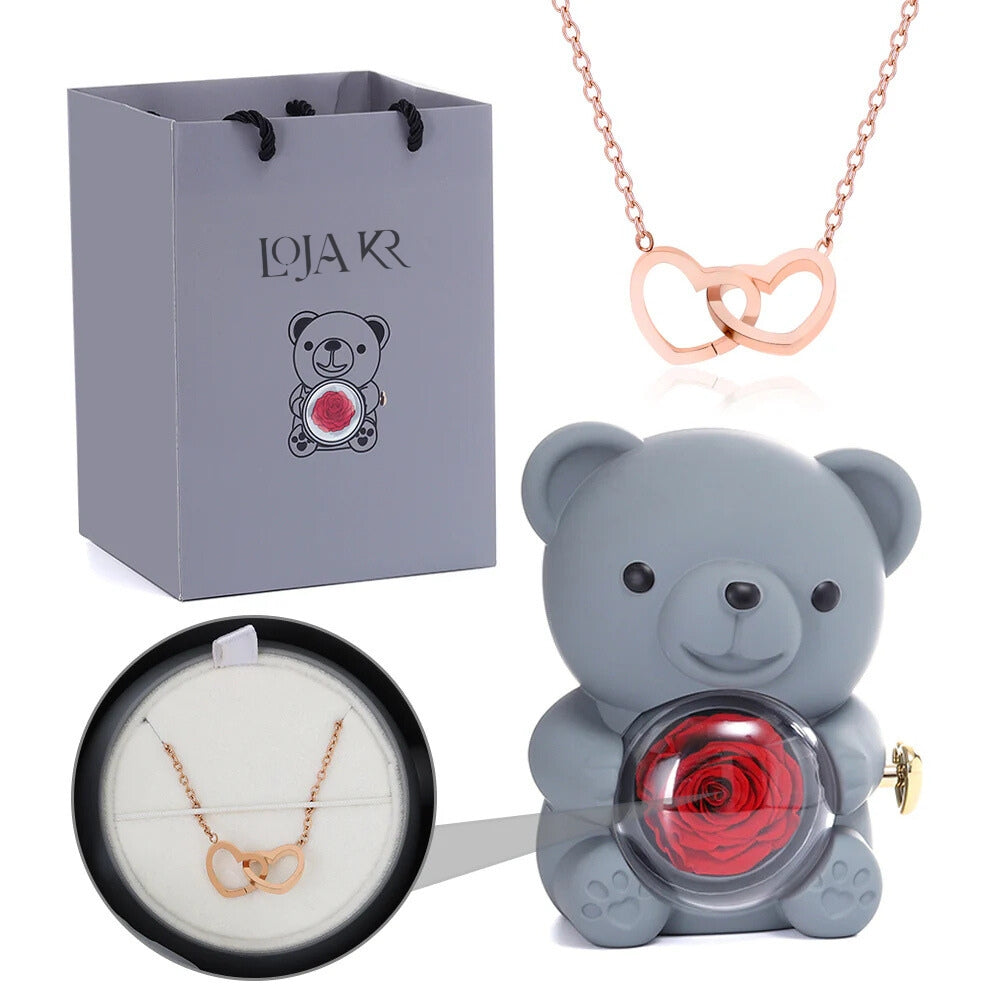 Colar Dueto de Amor + Urso com Rosa Eternizada