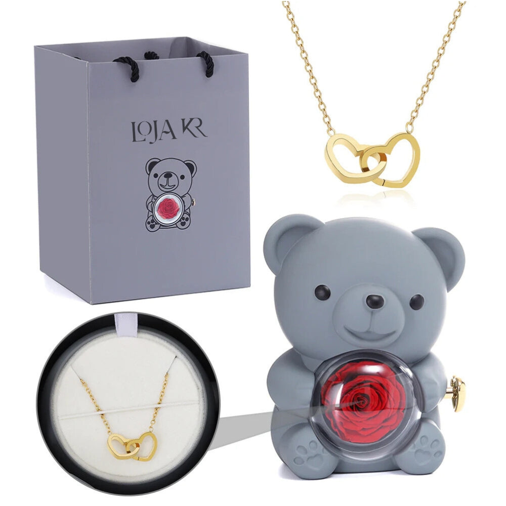 Colar Dueto de Amor + Urso com Rosa Eternizada