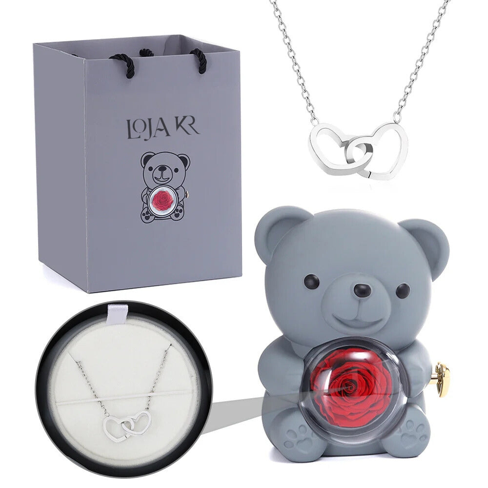 Colar Dueto de Amor + Urso com Rosa Eternizada
