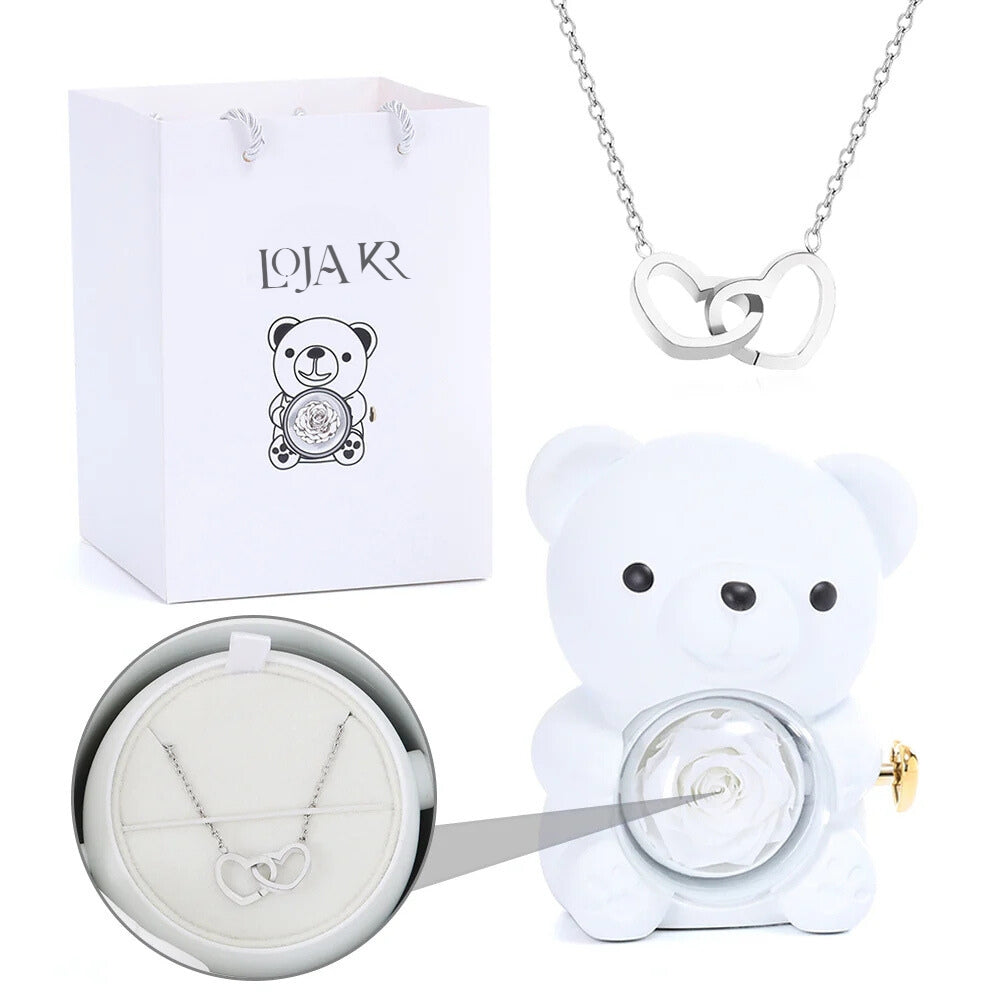 Colar Dueto de Amor + Urso com Rosa Eternizada