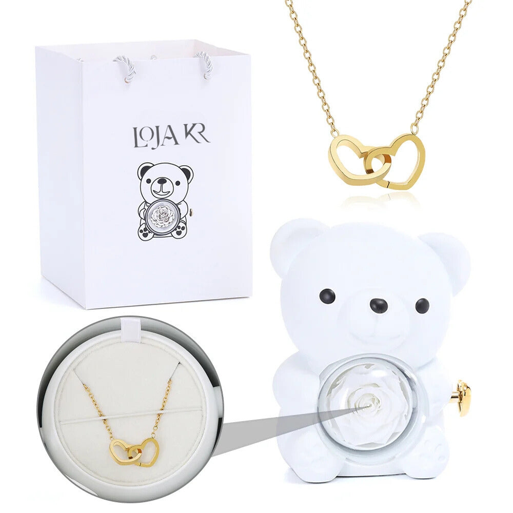 Colar Dueto de Amor + Urso com Rosa Eternizada