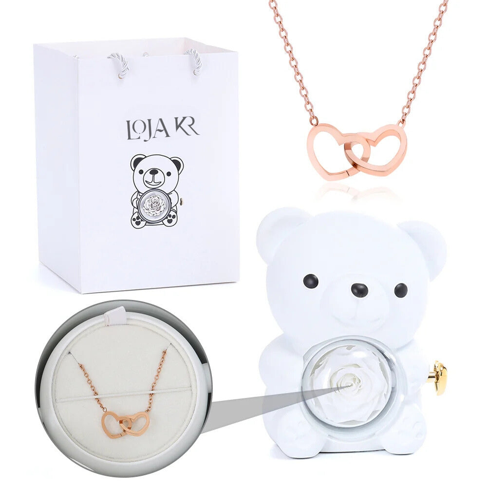 Colar Dueto de Amor + Urso com Rosa Eternizada