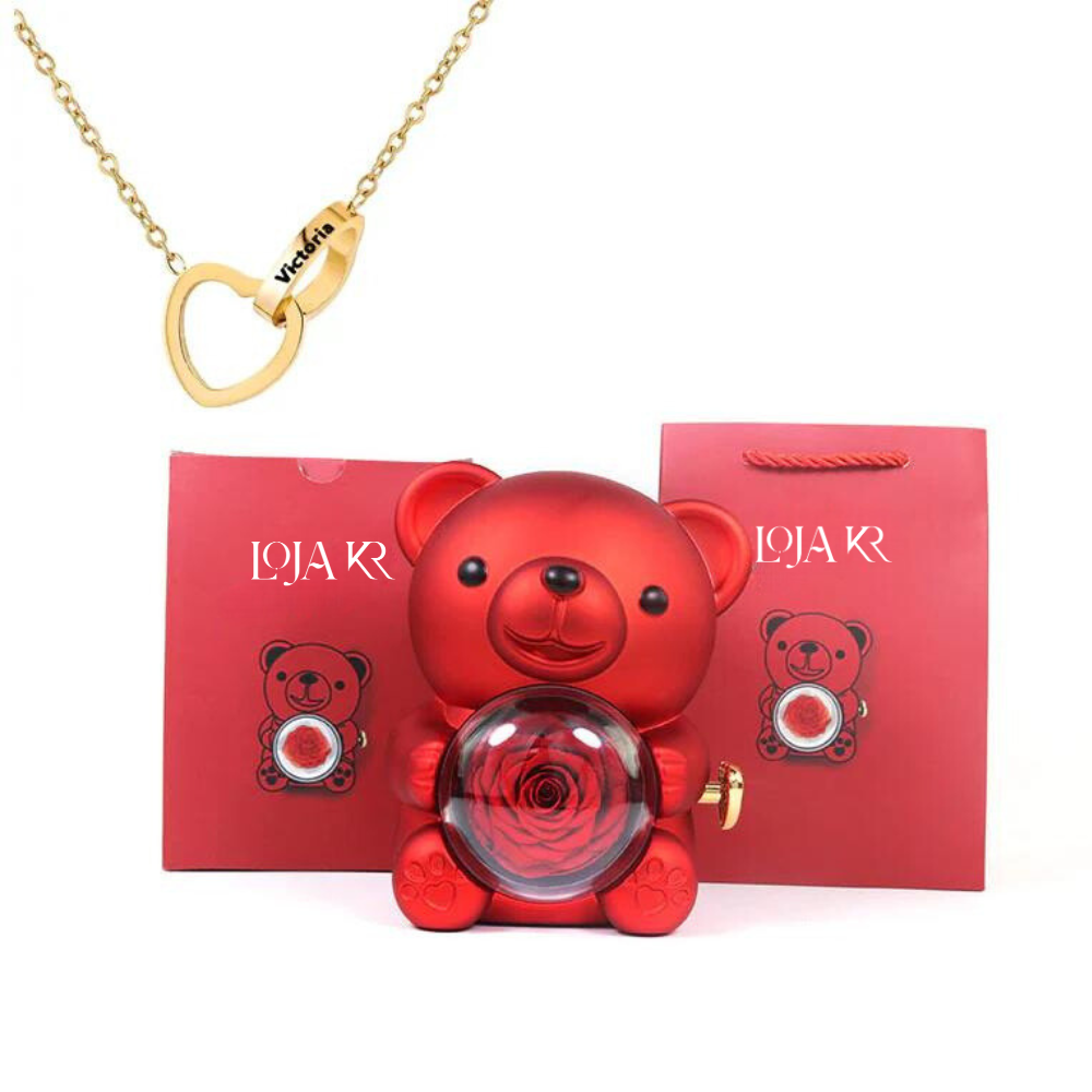 Colar Dueto de Amor + Urso com Rosa Eternizada