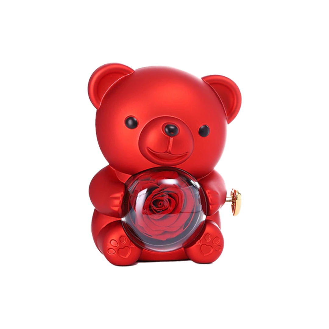 Urso com Rosa Preservada + Sacola para Presentear - Caixa Rotativa!