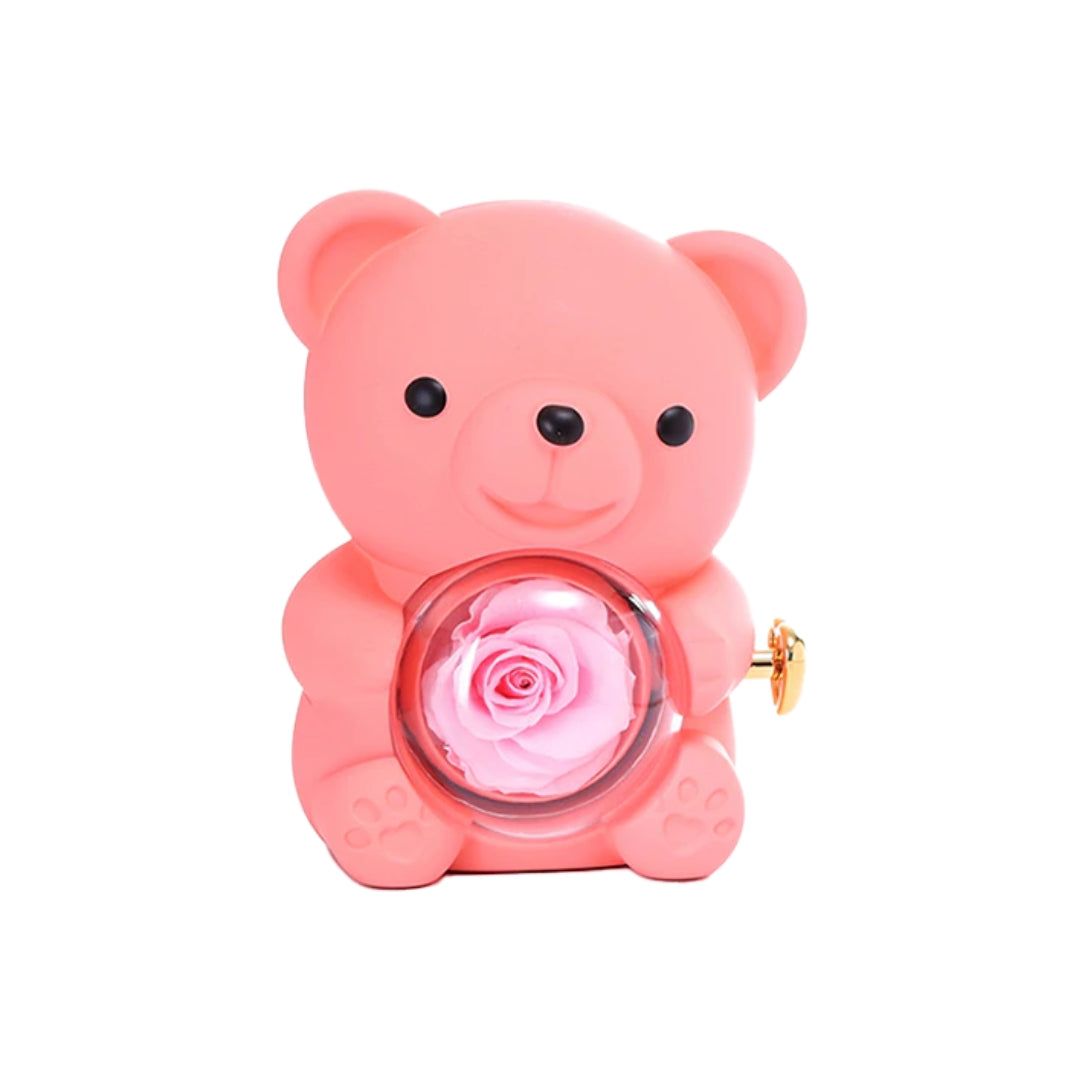 Urso com Rosa Preservada + Sacola para Presentear - Caixa Rotativa!